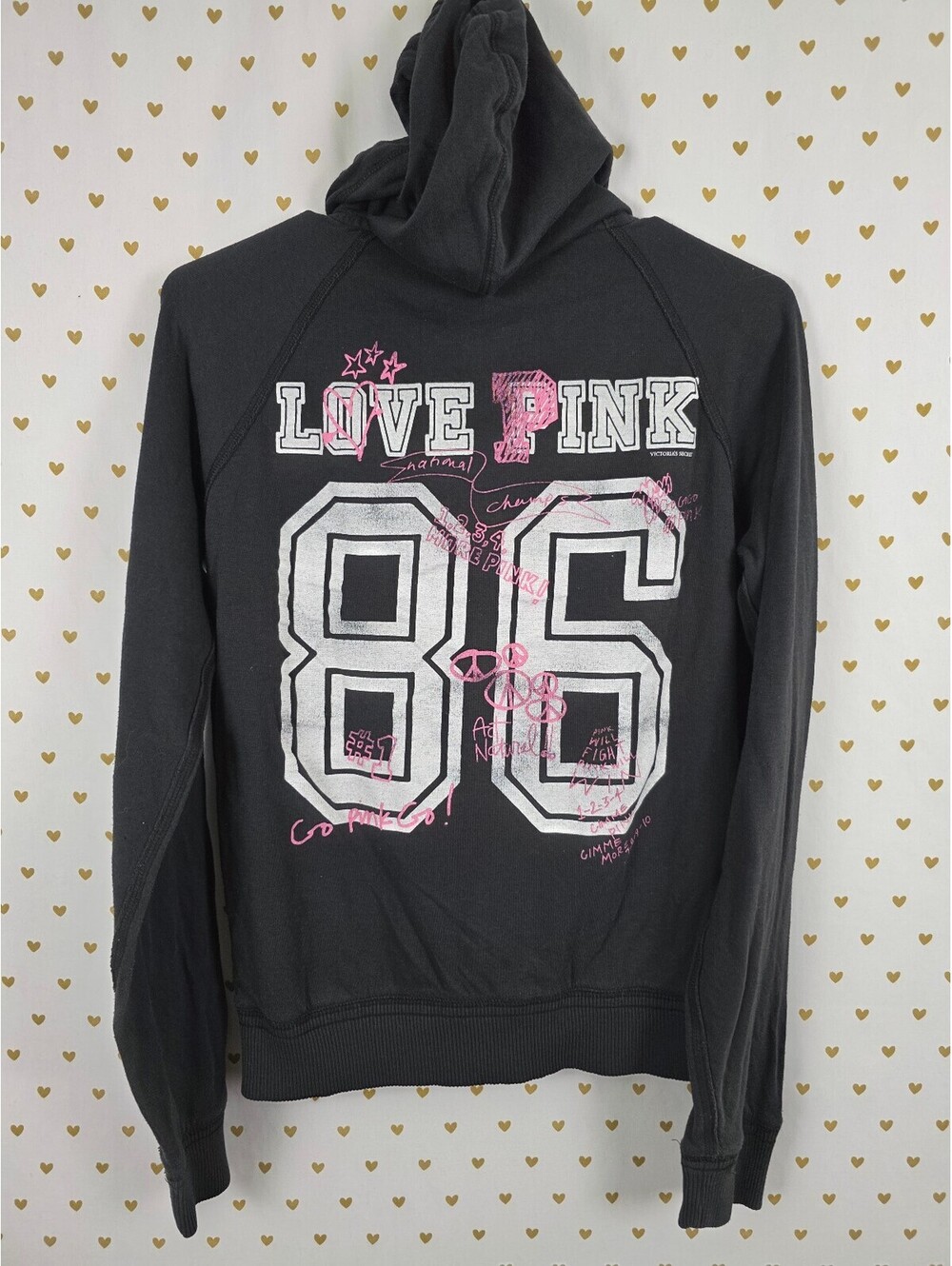 Victorias Secret Pink Vintage 86 Artwork Black Full Zip Y2k Hoodie Jacket Large